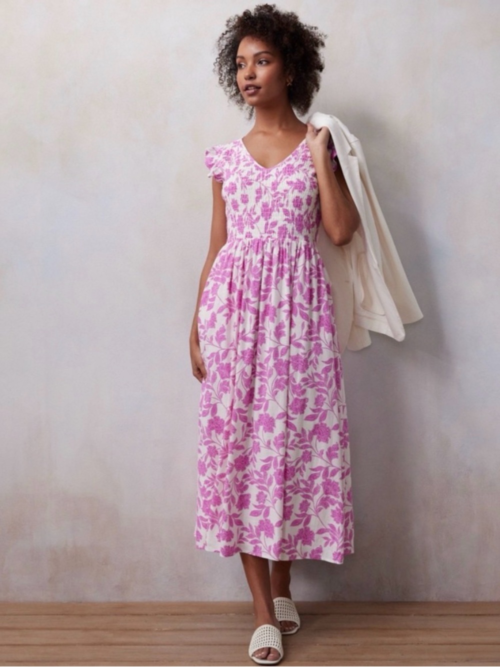 Lauren Conrad Pink Floral V-Neck Midi Dress - Large